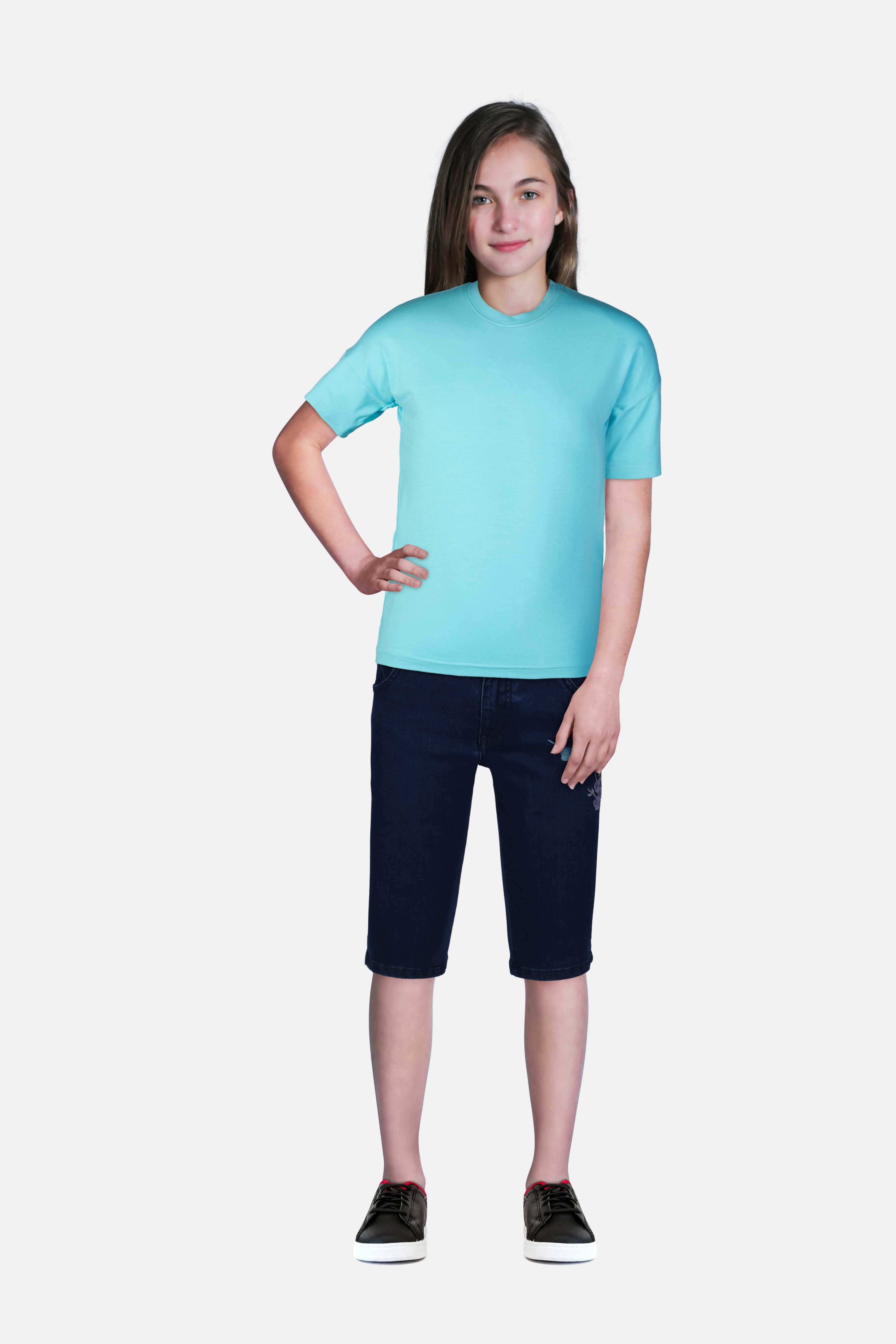 Girls Navy Blue Cotton Denim Solid Pedal Pusher