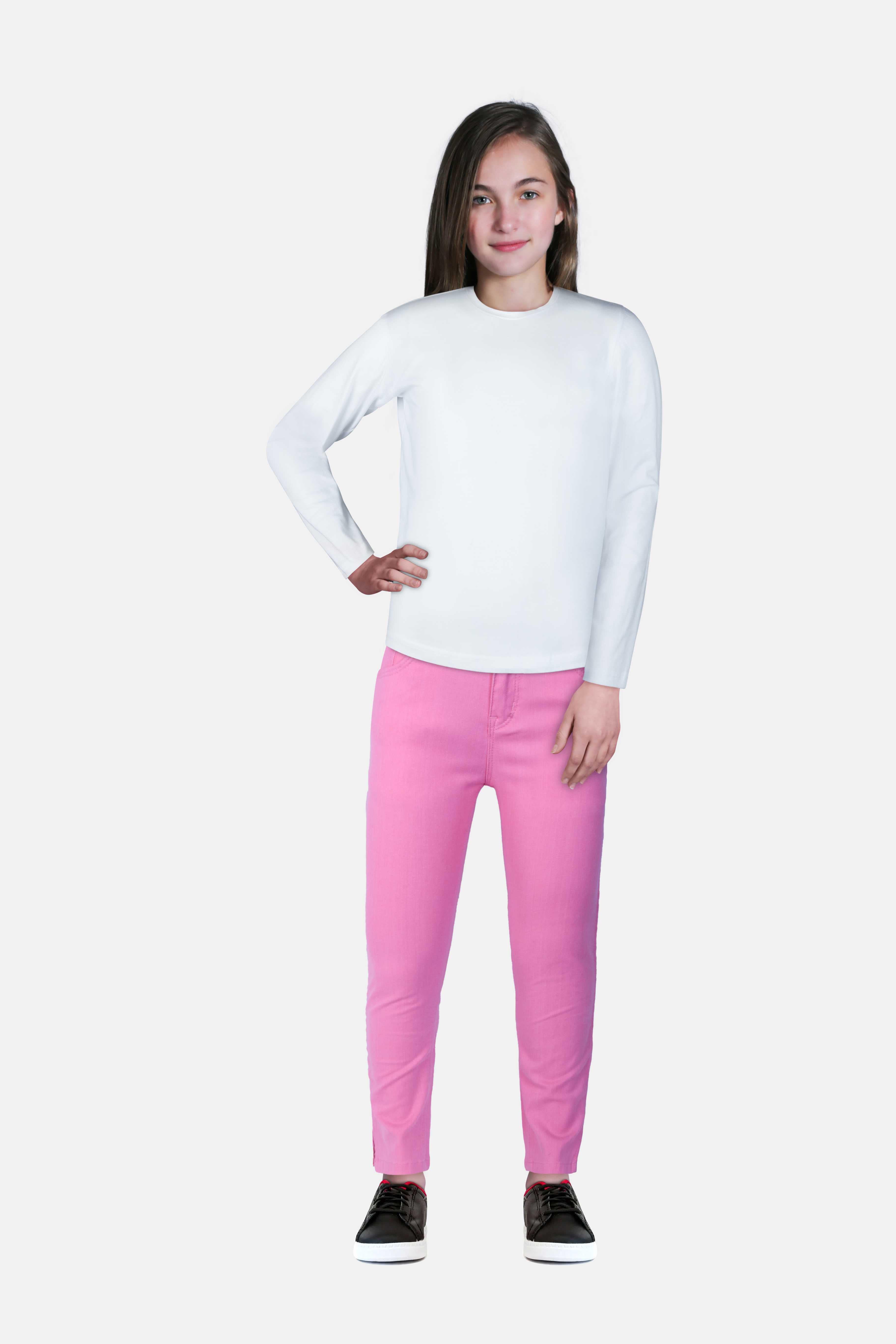 Girls Pink Cotton Denim Solid Jeans