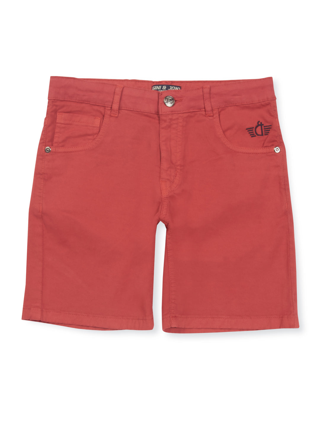 Boys Red Cotton Denim Solid Shorts