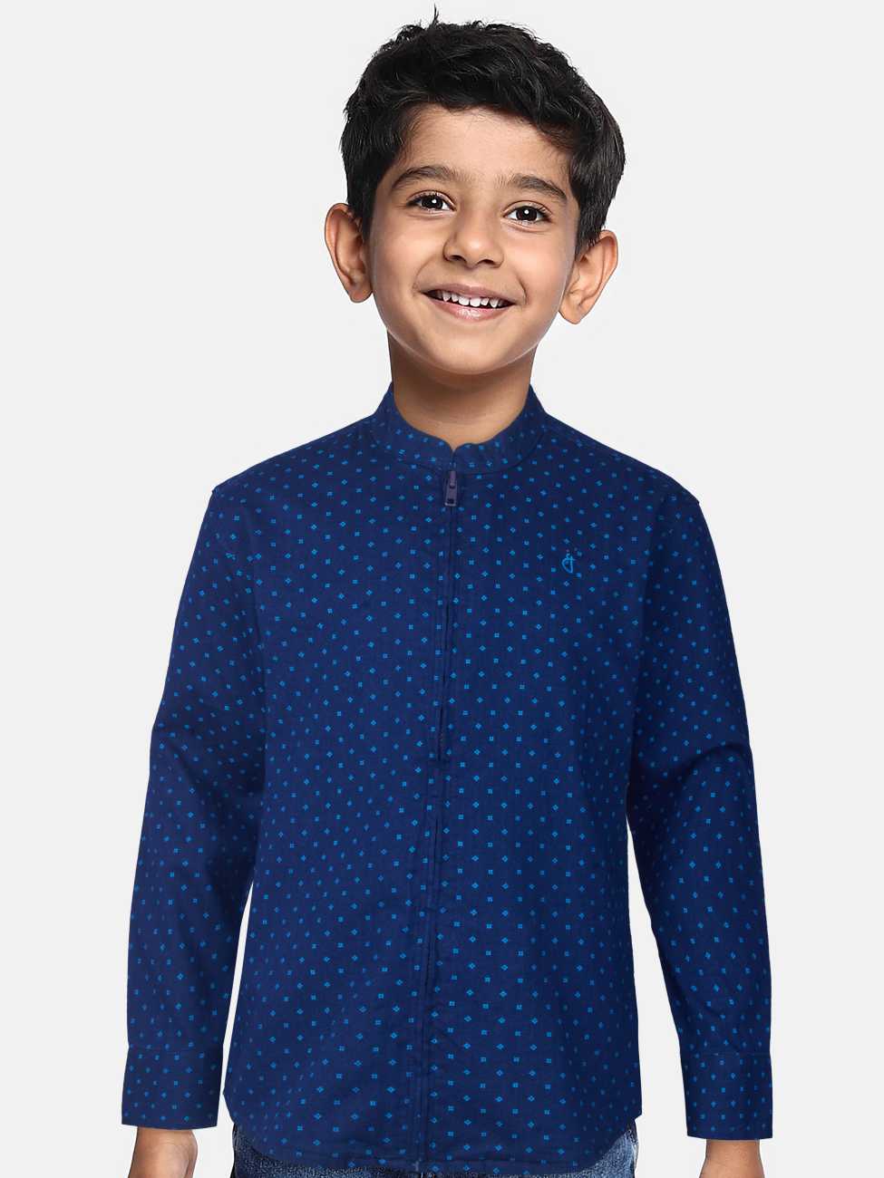 Boys Blue Cotton Denim Printed Full Sleeves Shirt