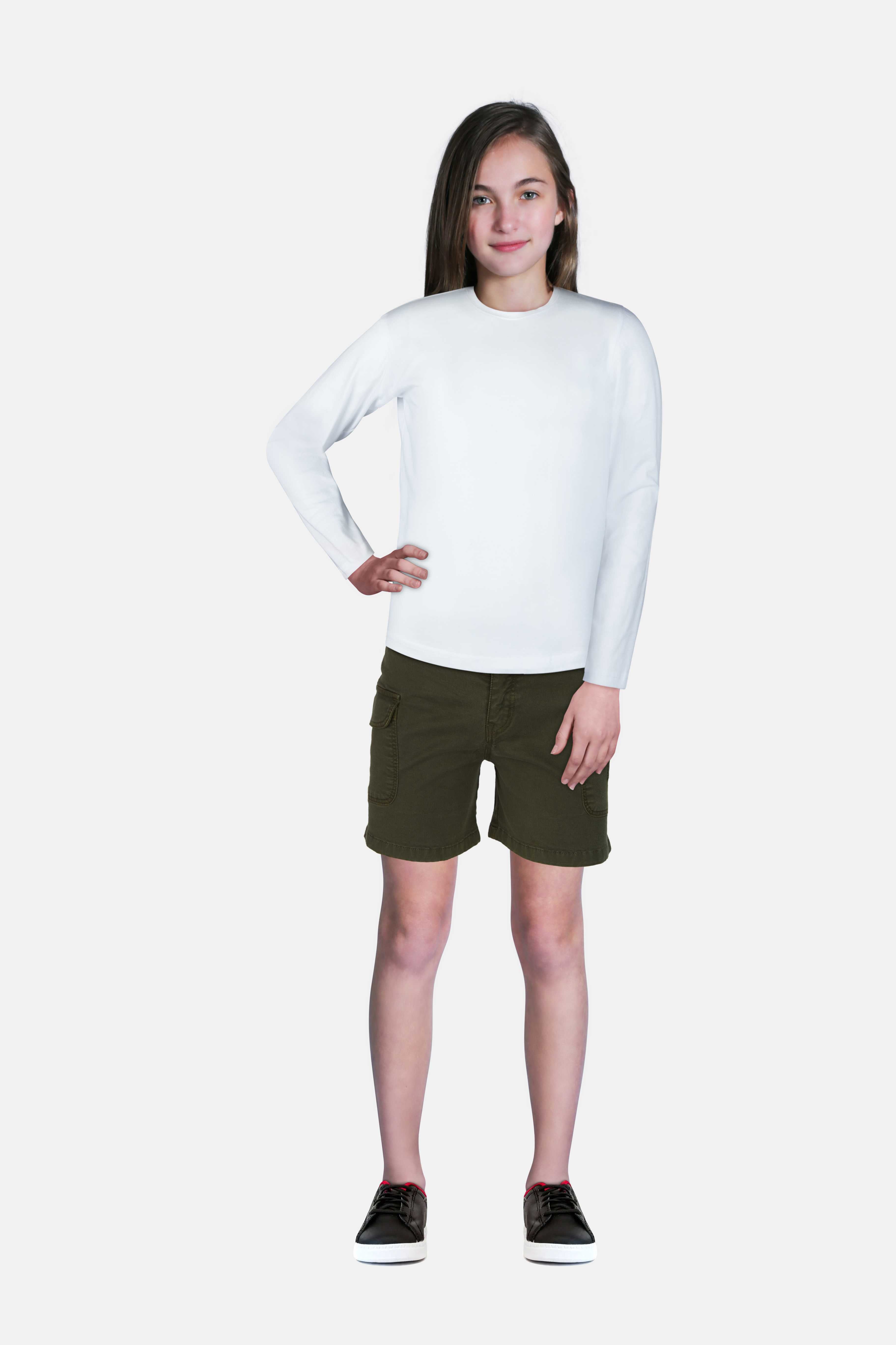 Girls Olive Cotton Denim Solid Shorts