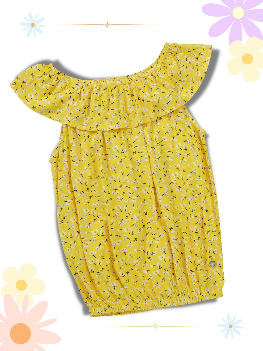 Girls Yellow Cotton Printed Woven Top