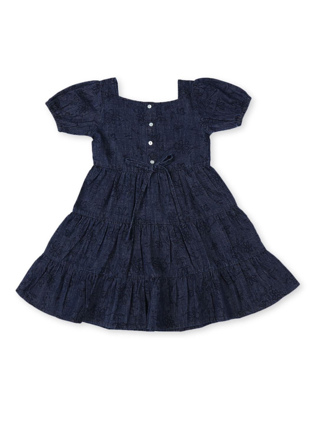 Girls Navy Blue Cotton Denim Printed Dress