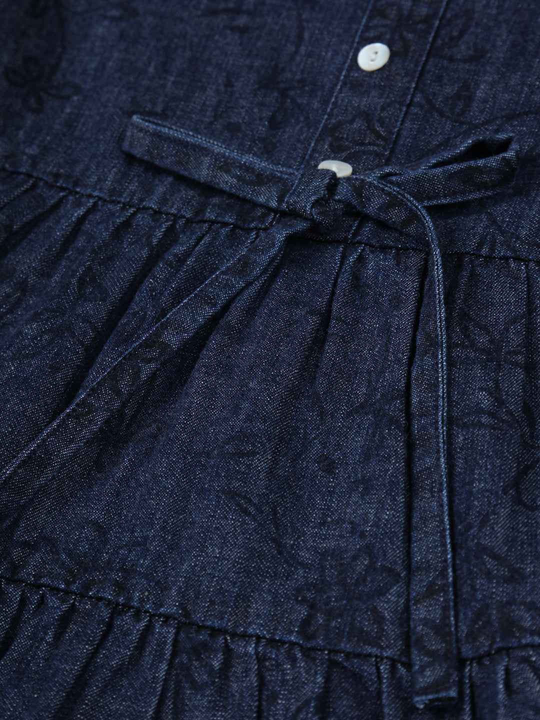 Girls Navy Blue Cotton Denim Printed Dress