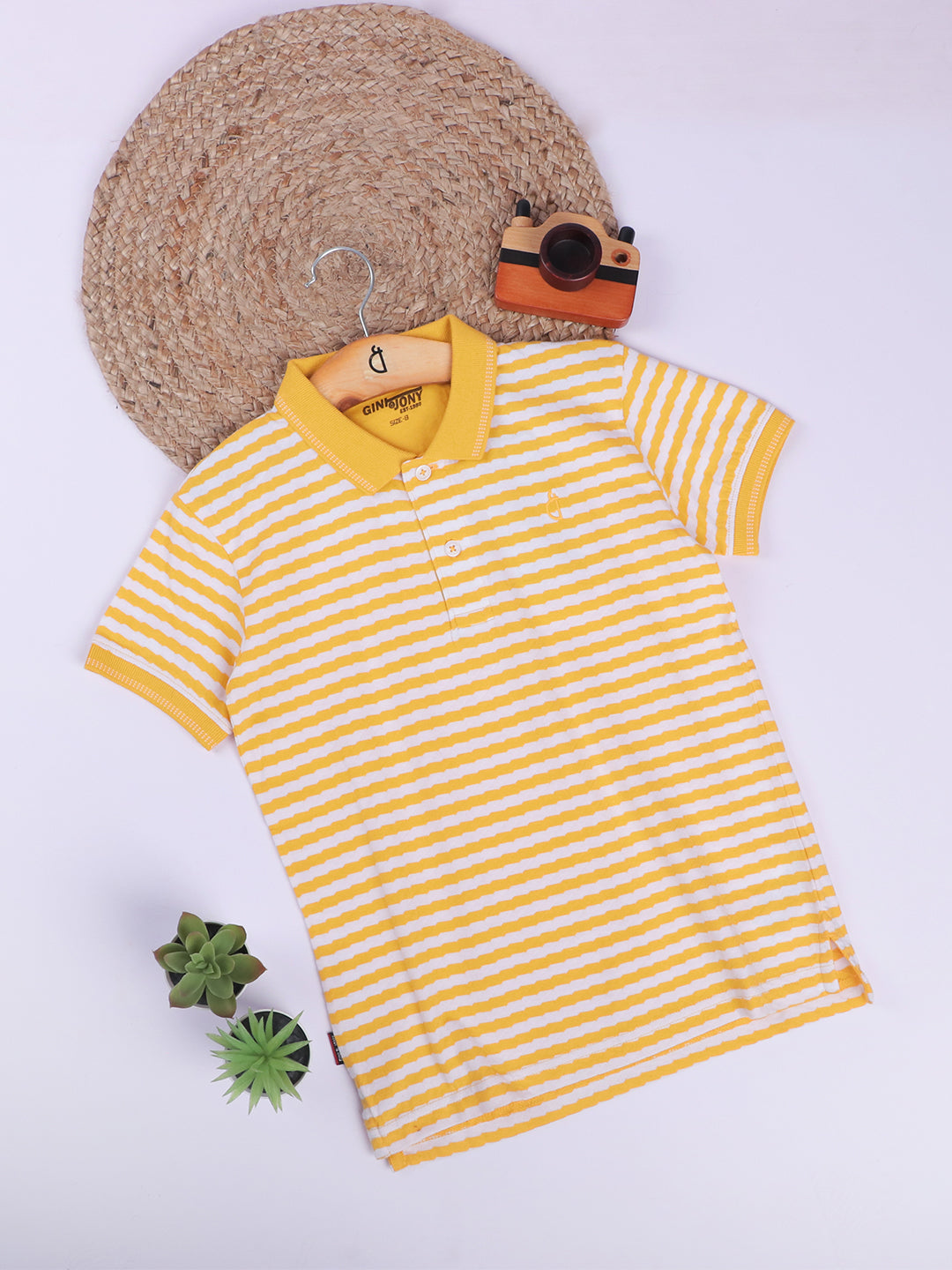 Boys Yellow Cotton Printed Polo T-Shirt