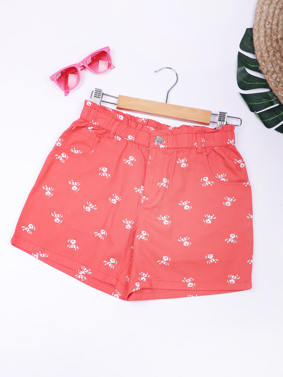 Girls Pink Cotton Printed Shorts