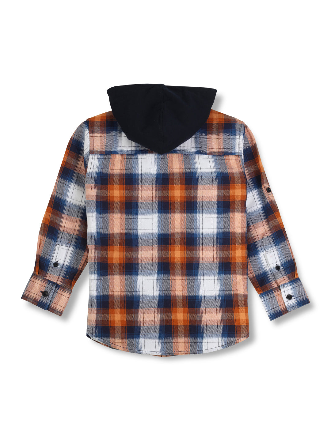 Boys orange blue woven checkered full sleeve shirt with hoodie