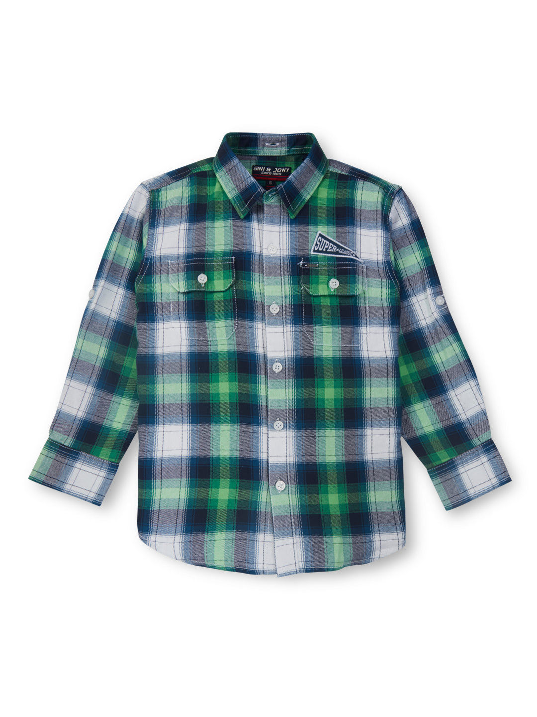 Boys blue green woven checkered full sleeve shirt with hoodie