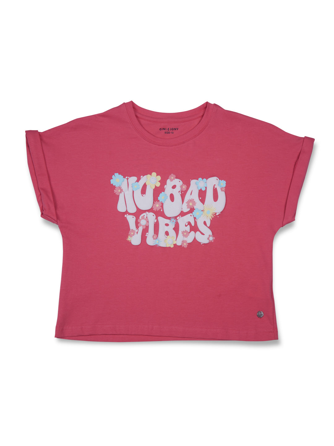 Girls pink round neck knitted cotton printed crop top.