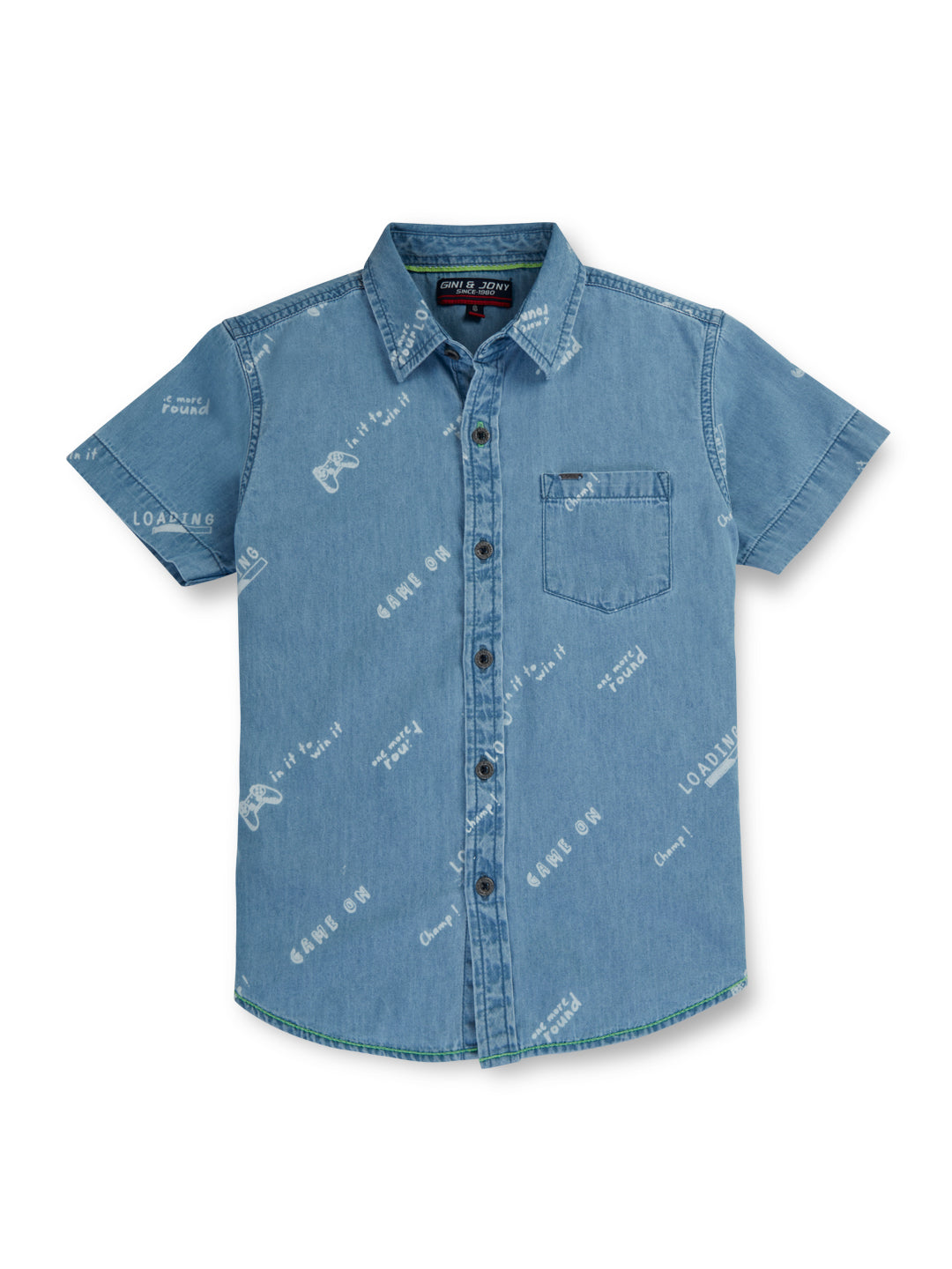 Boys Blue Printed Denim Full Sleeves Shirt