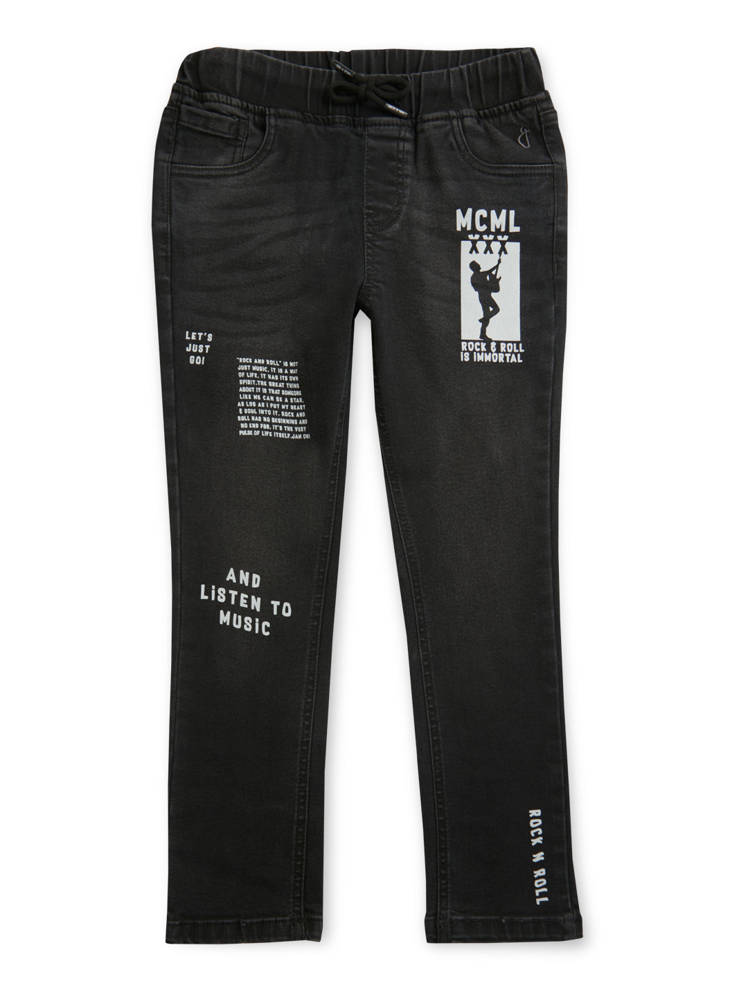 Boys Black Printed Denim Elasticated Jeans