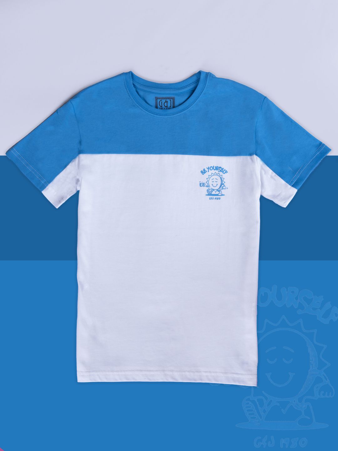 Boys white blue colour block printed t-shirt