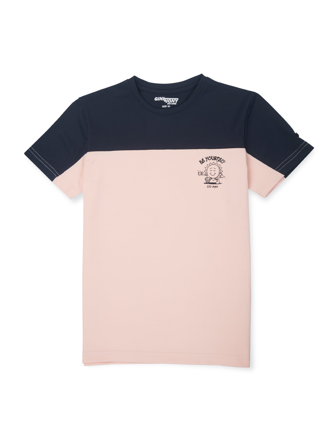 Boys pink dark blue colour block printed t-shirt