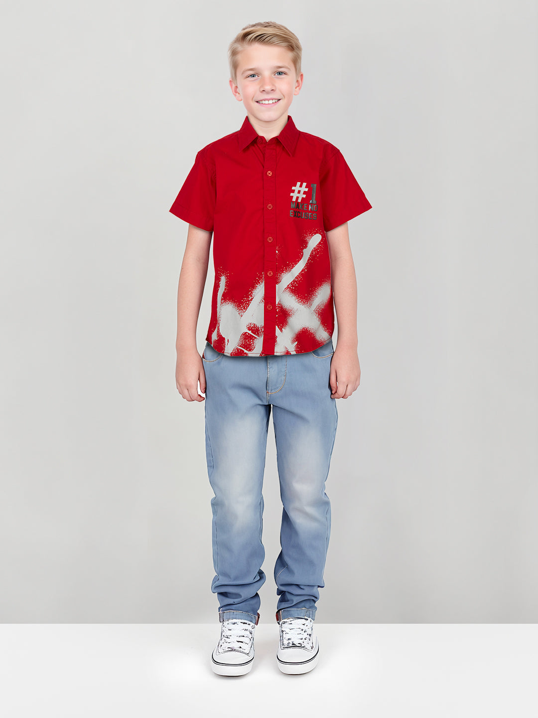 Boys Red Solid Cotton Half Sleeves Shirt