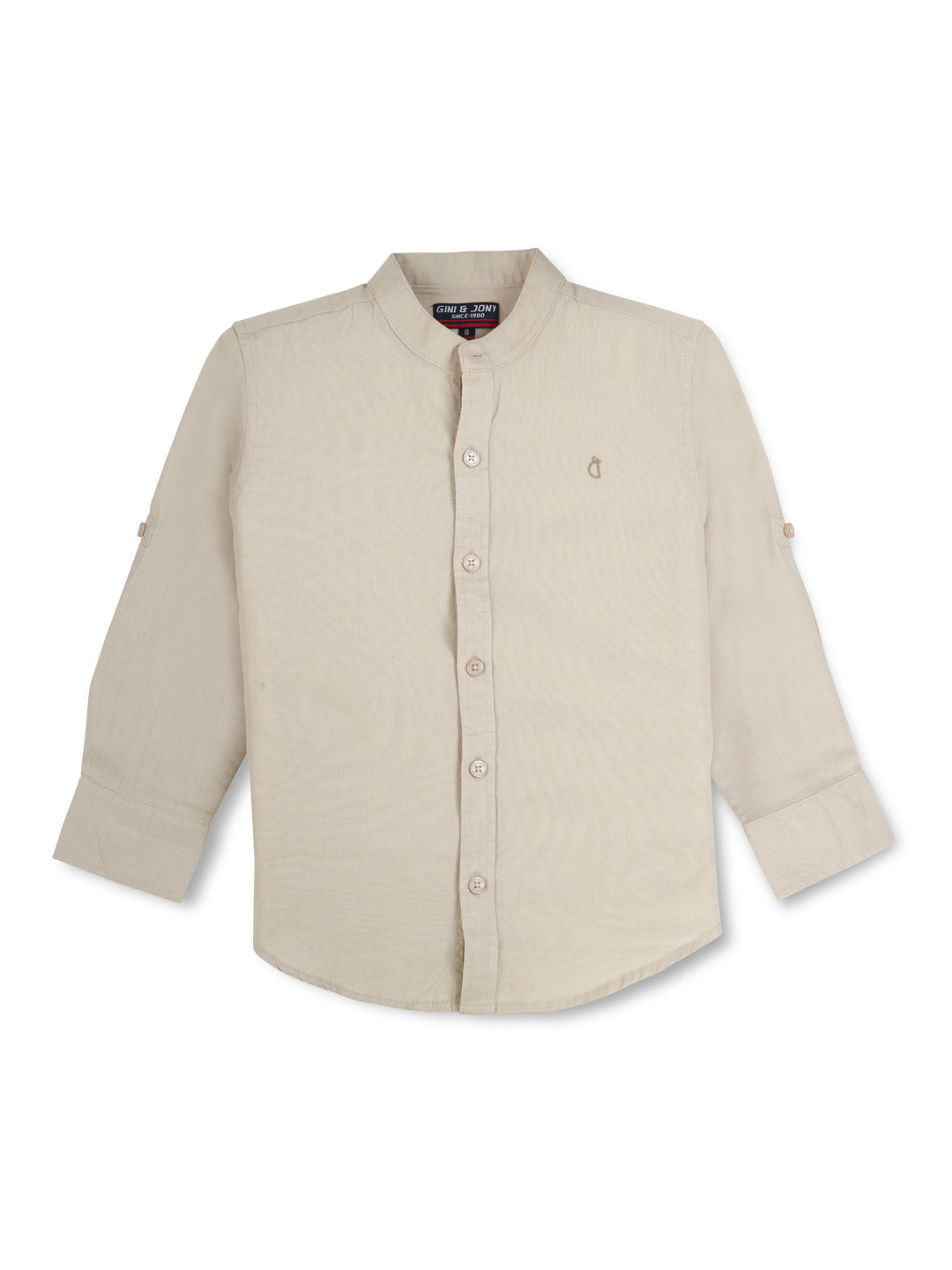 Boys Cream Solid Cotton Shirt Full Sleeves