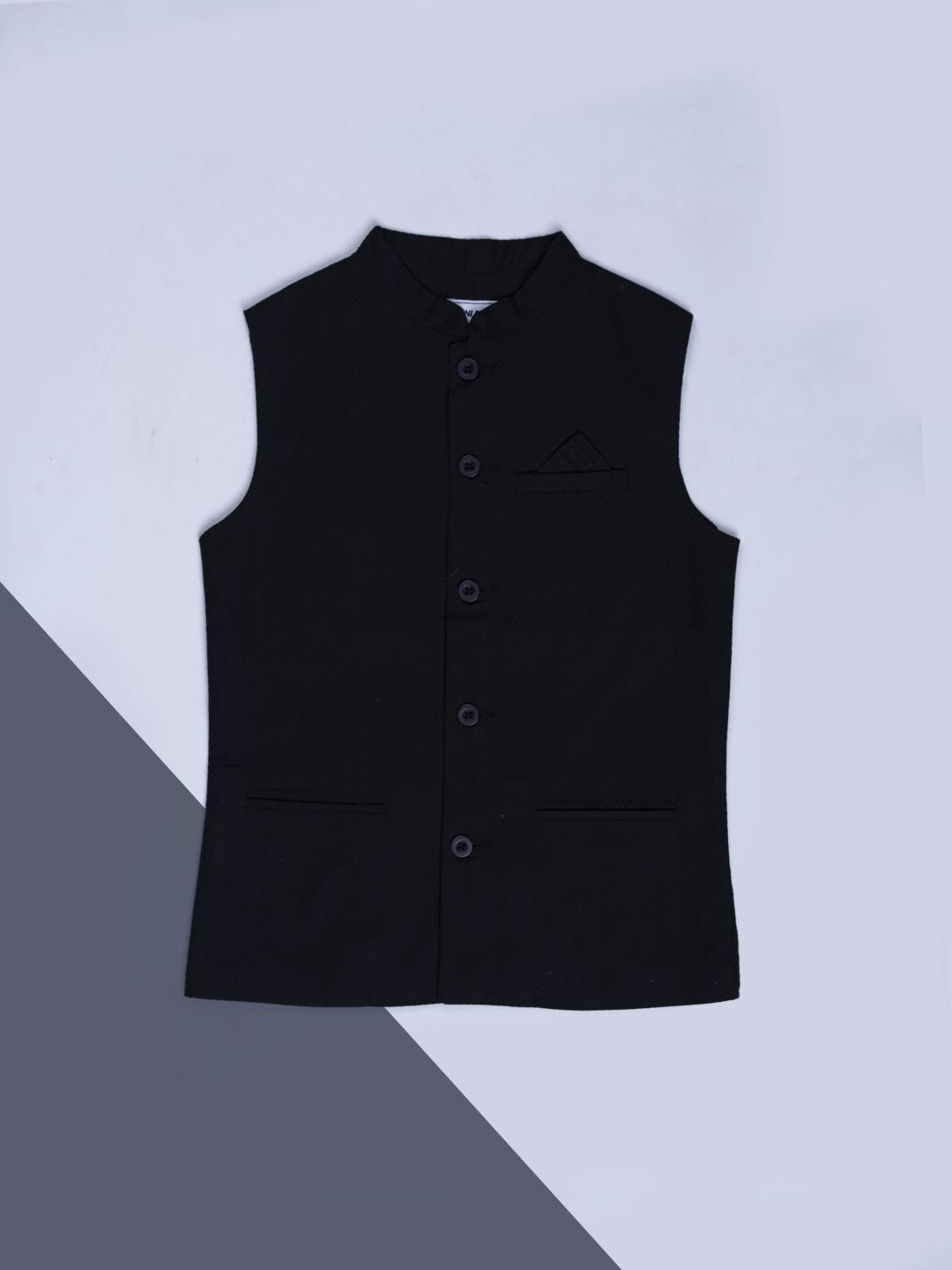 Boys Black Solid Cotton Modi Jacket Sleeveless