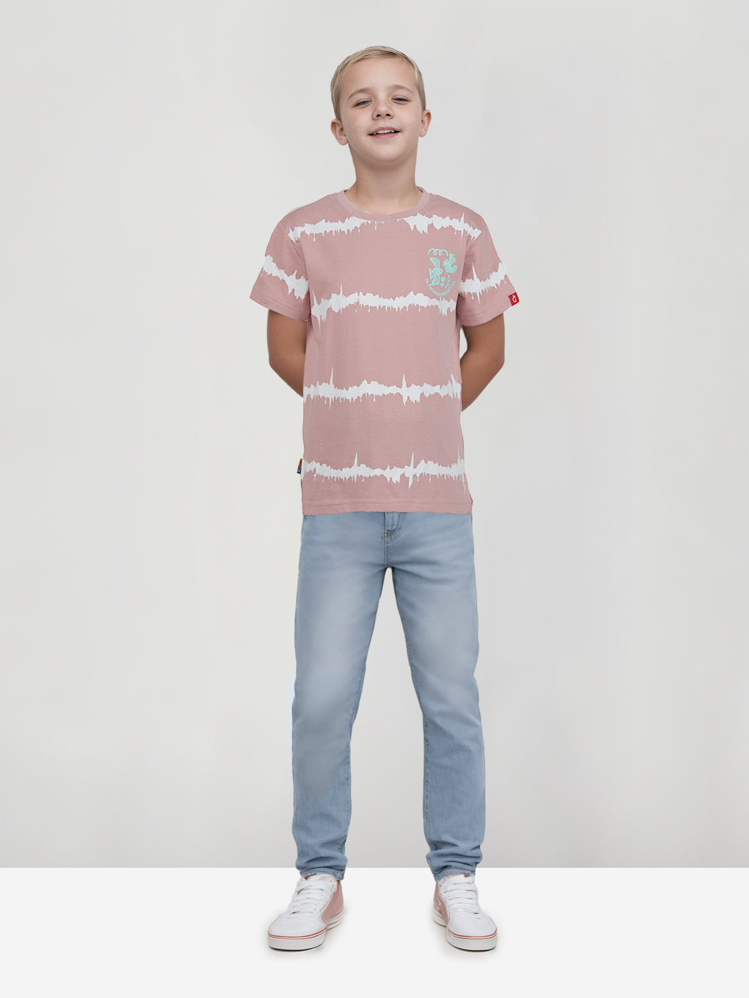 Boys pink round neck knitted cotton printed t-shirt