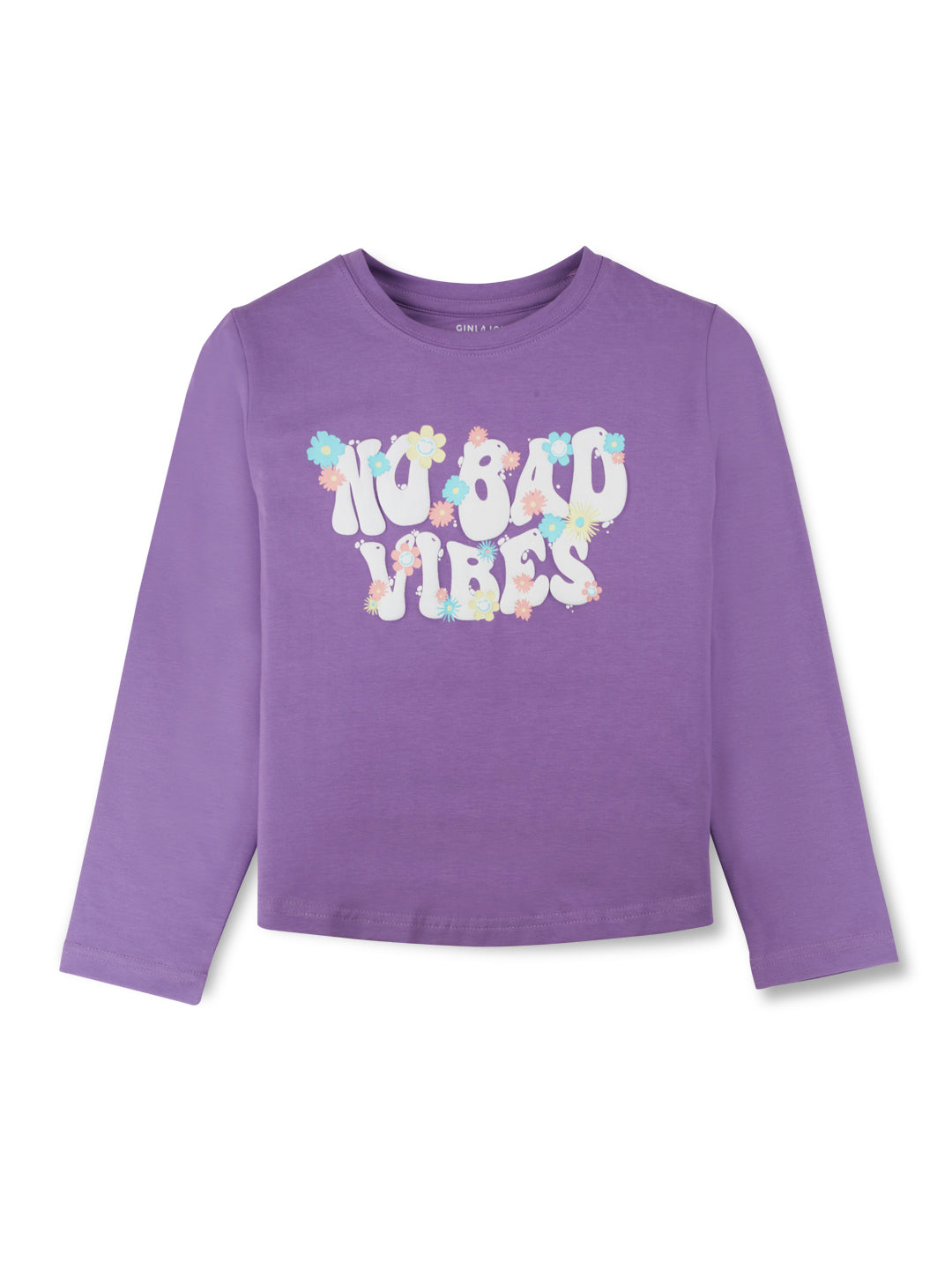 Girls purple round neck knitted cotton printed top.