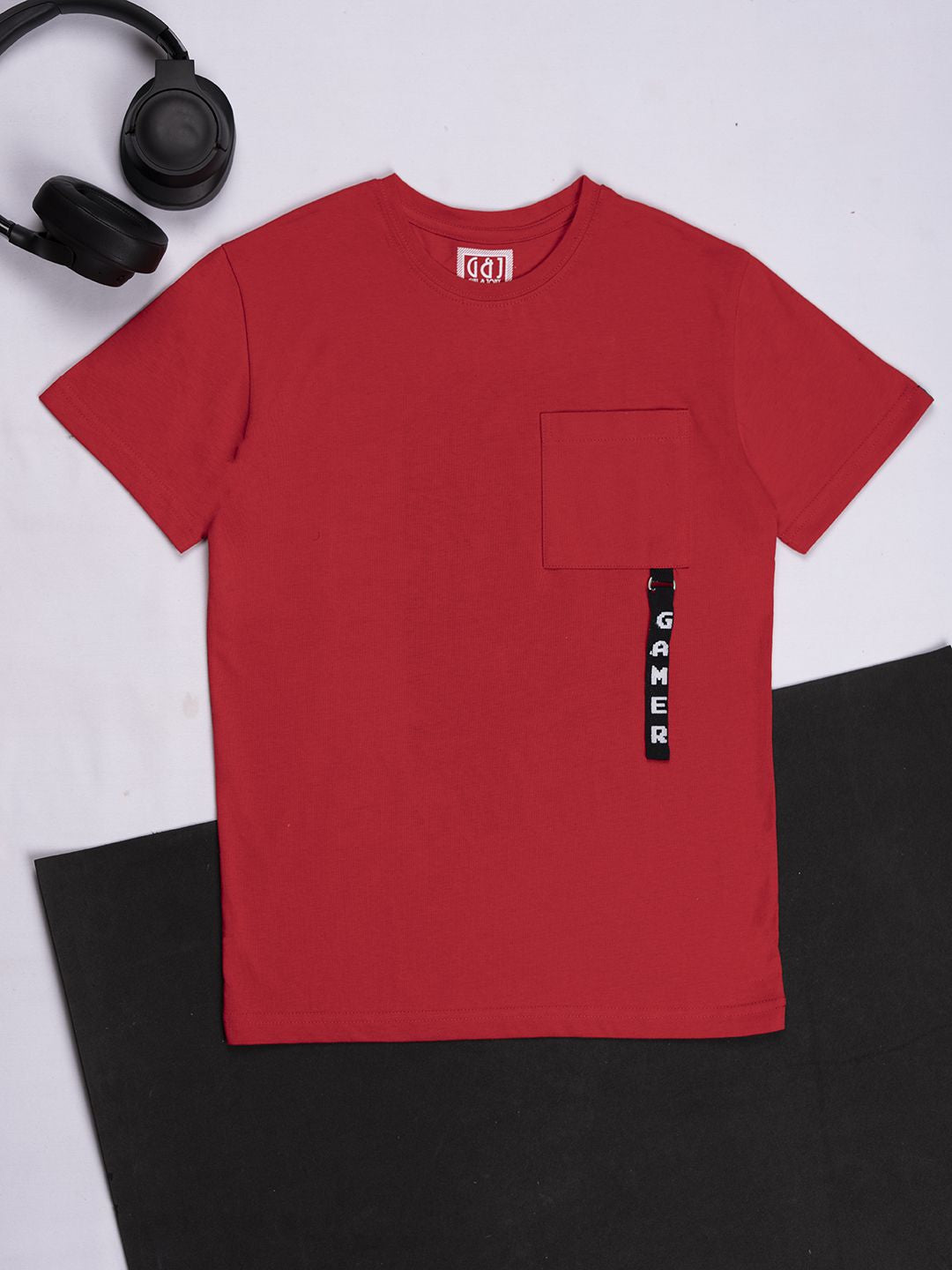 Boys Red Round Neck Knitted Cotton Printed T-Shirt