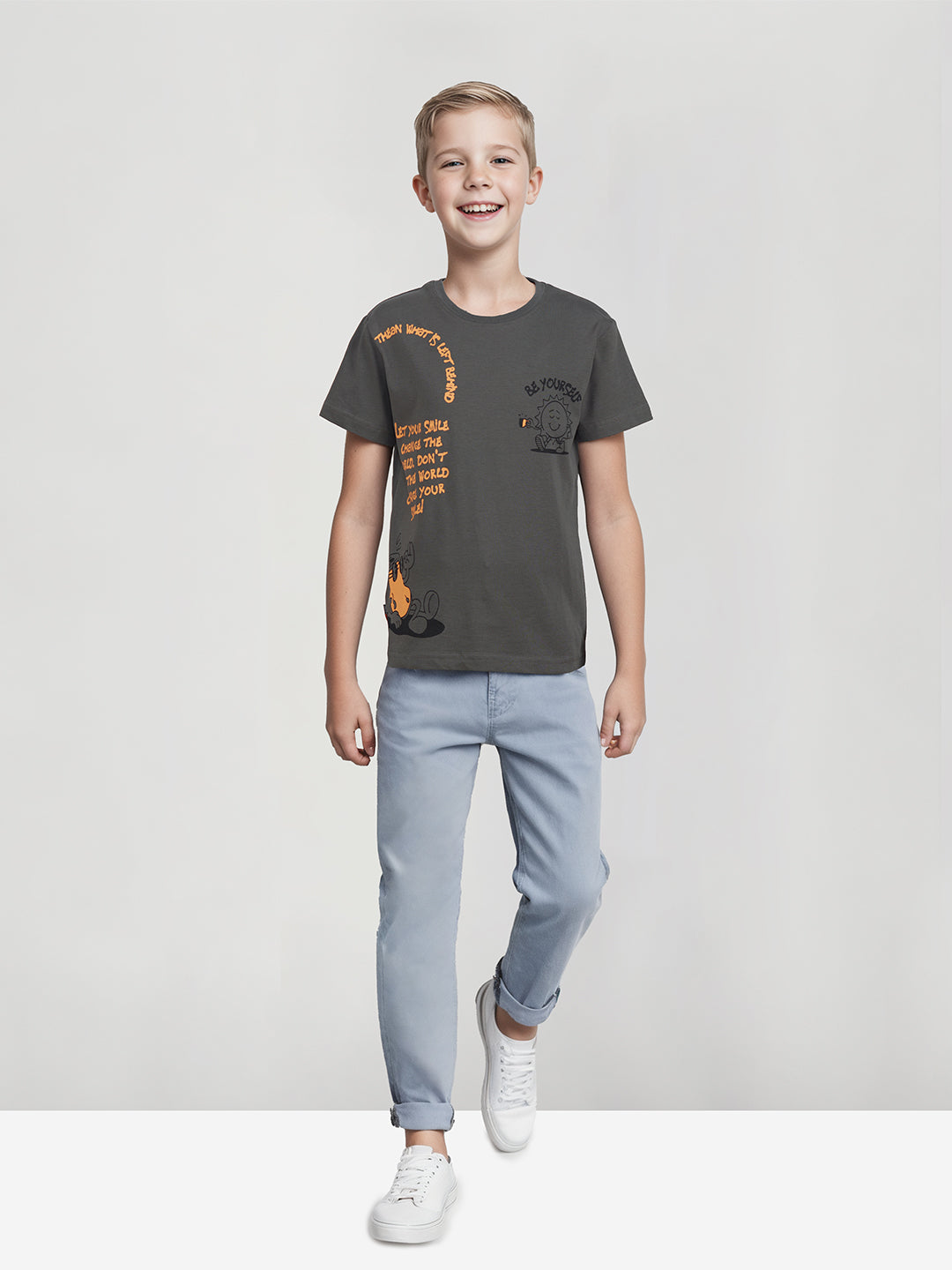 Boys Grey Round Neck Knitted Cotton Printed T-Shirt