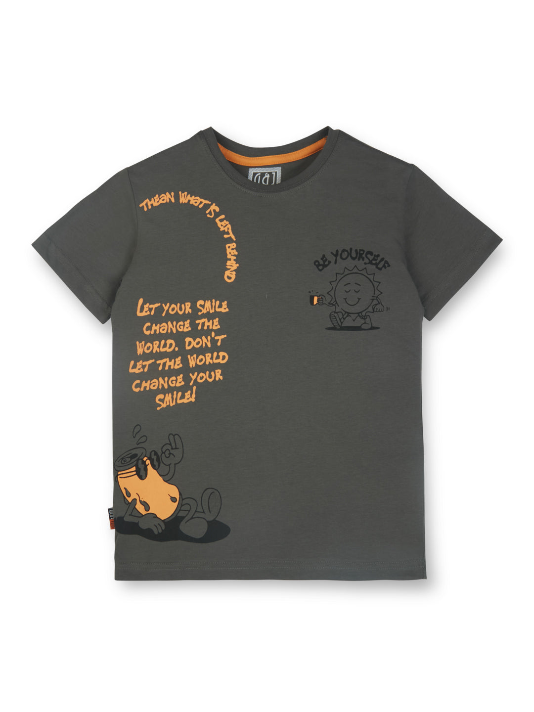 Boys Grey Round Neck Knitted Cotton Printed T-Shirt