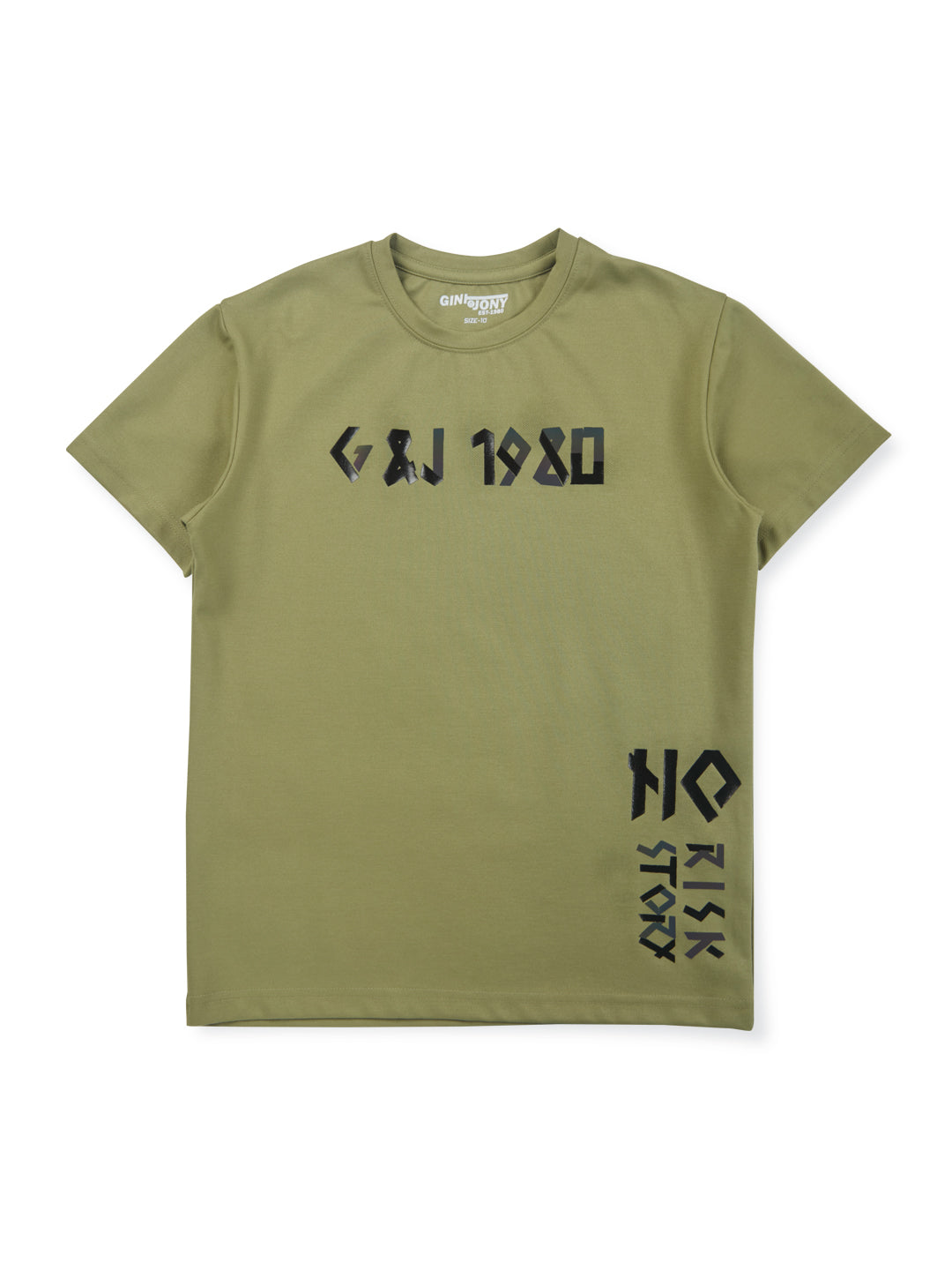 Boys green round neck knitted cotton printed t-shirt