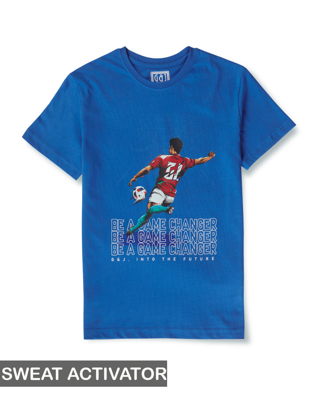 Boys Blue Round Neck Knitted Cotton Printed T-Shirt
