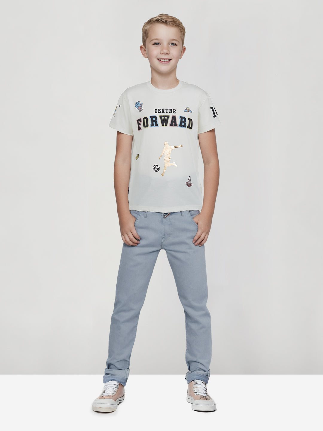 Boys White Round Neck Knitted Cotton Printed T-Shirt