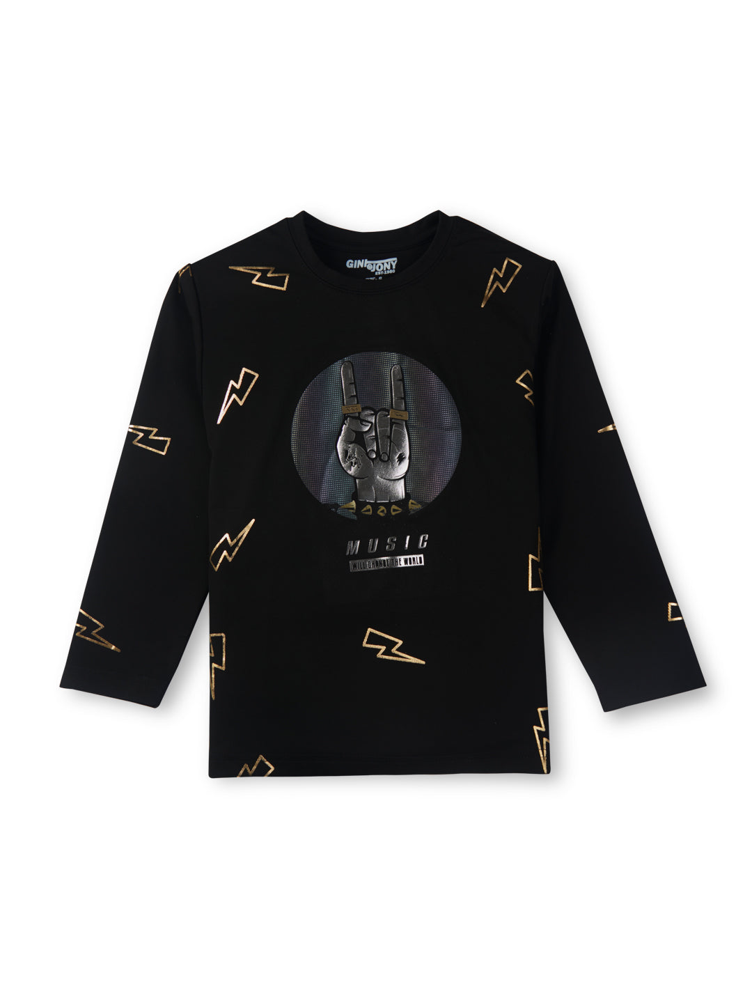 Boys black round neck knitted cotton printed t-shirt