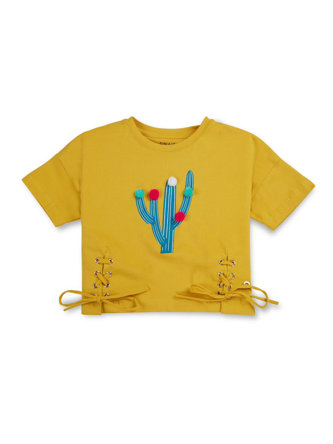 Girls Yellow Solid Cotton Half Sleeves Knits Top