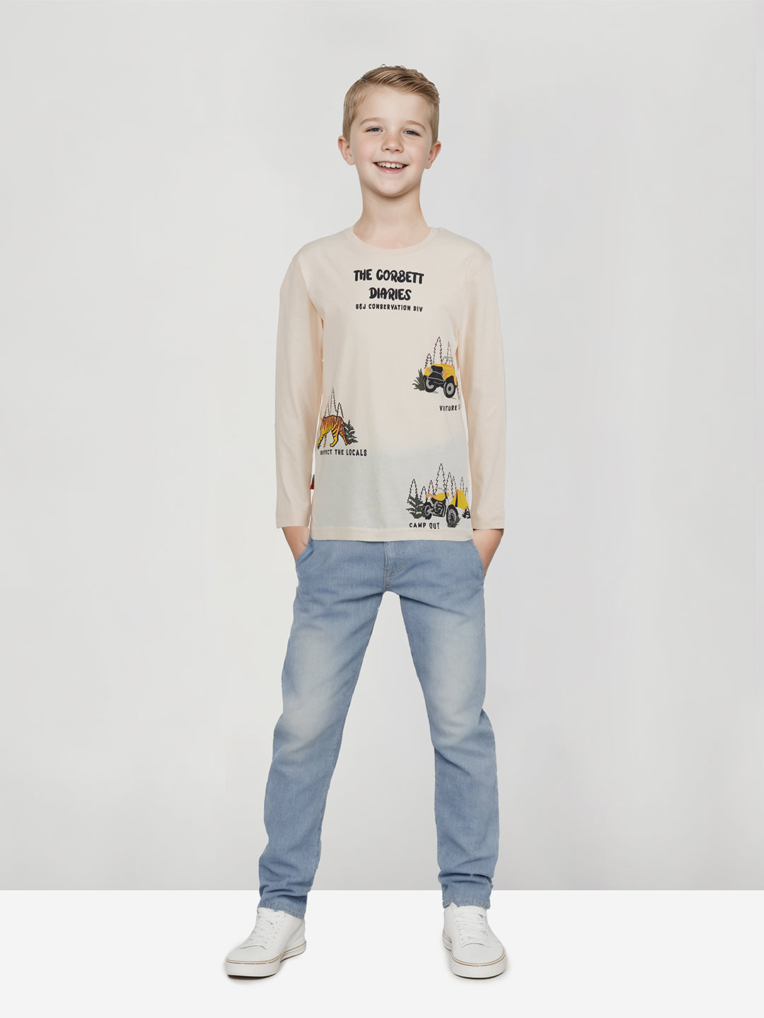 Boys Cream Round Neck Knitted Cotton Printed T-Shirt