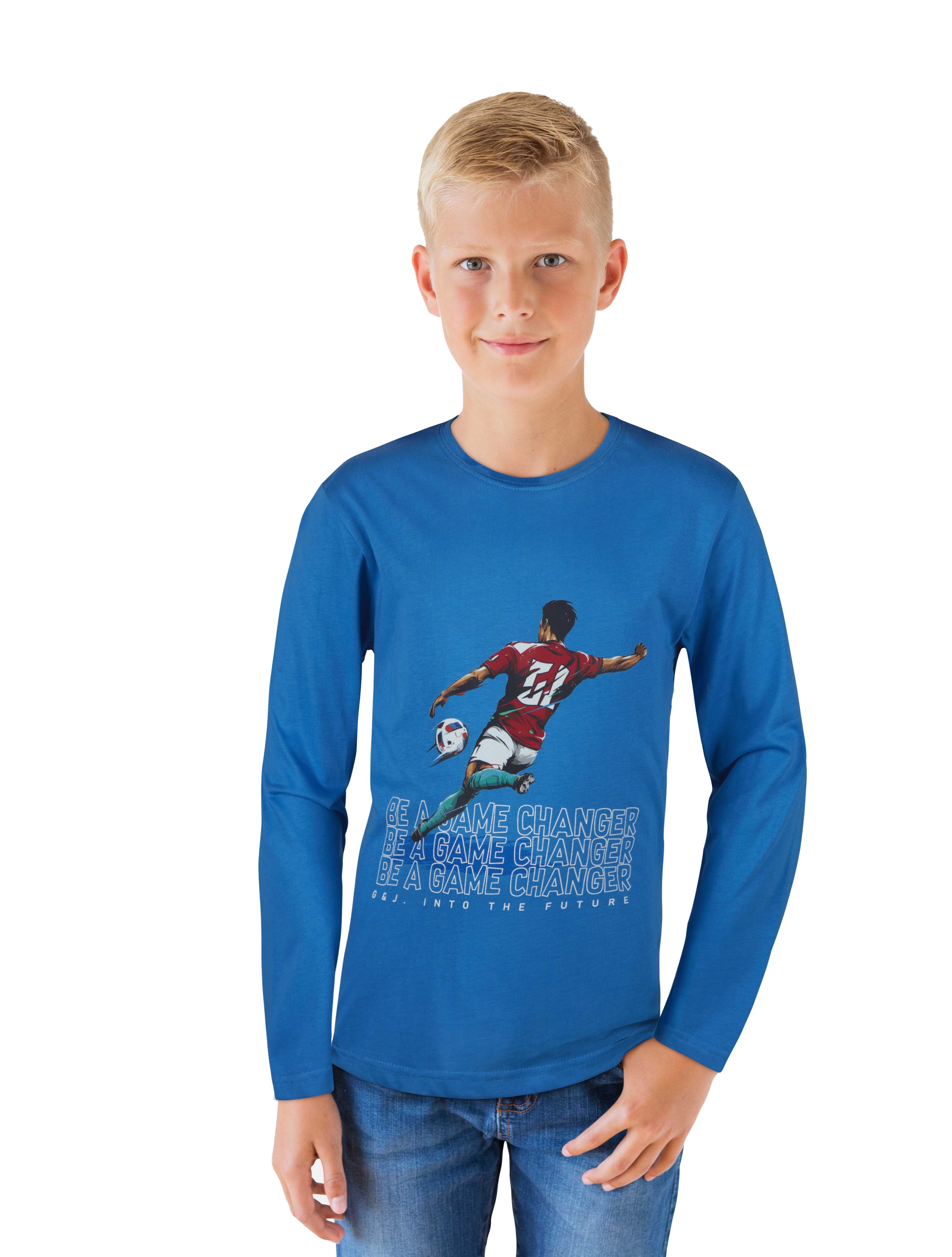 Boys blue round neck knitted cotton printed sweat activated t-shirt
