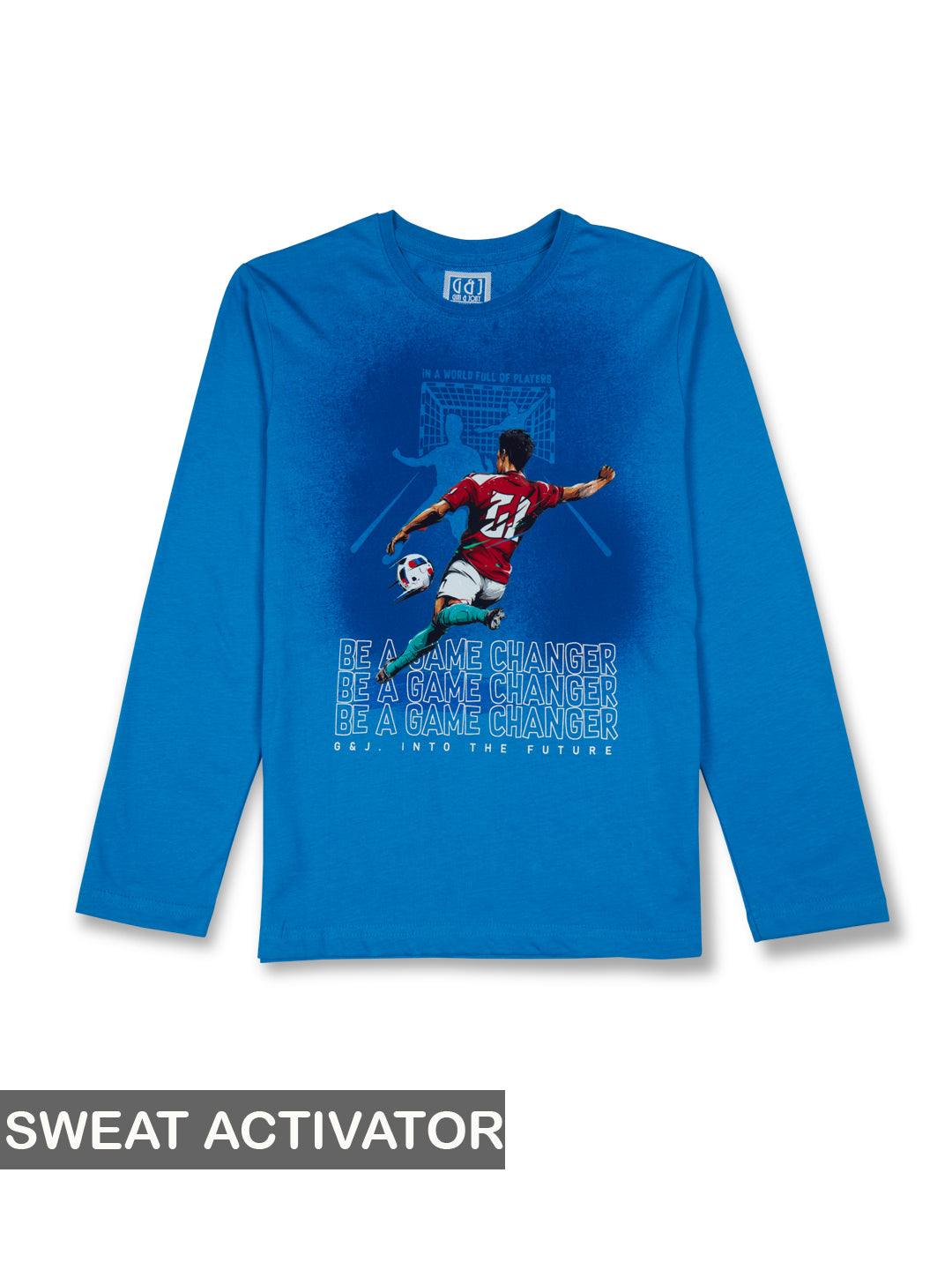 Boys blue round neck knitted cotton printed sweat activated t-shirt