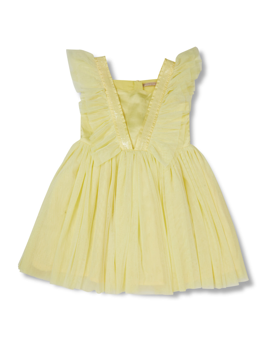Girls yellow party wear sequinned dress with lining.