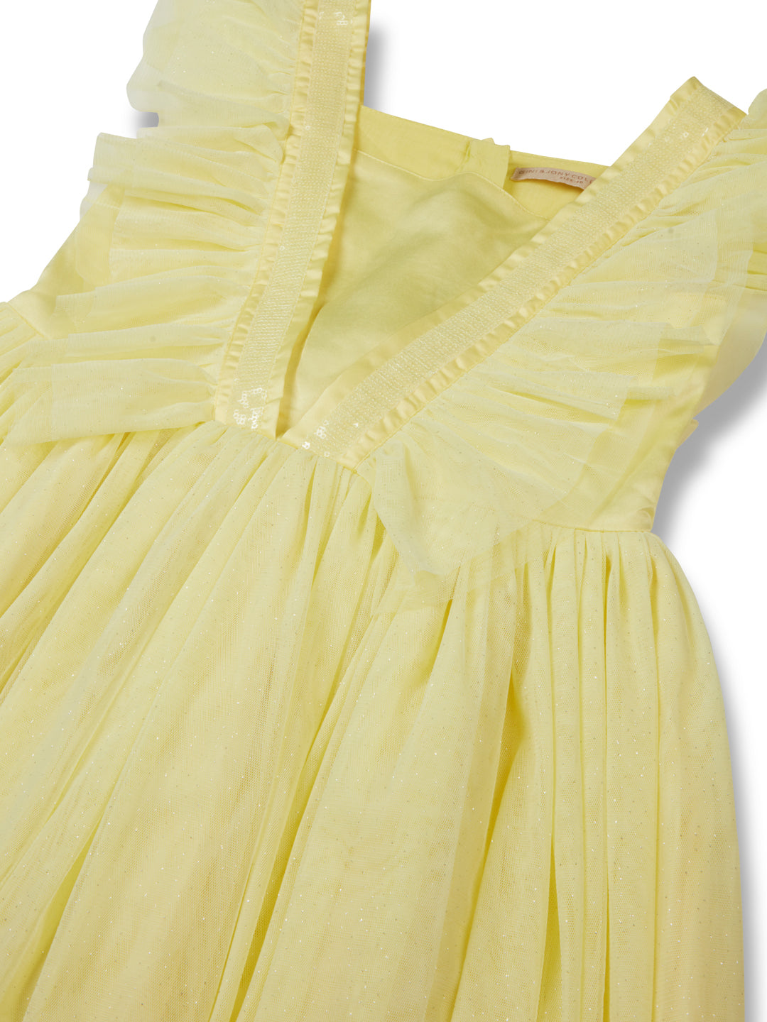 Girls yellow party wear sequinned dress with lining.