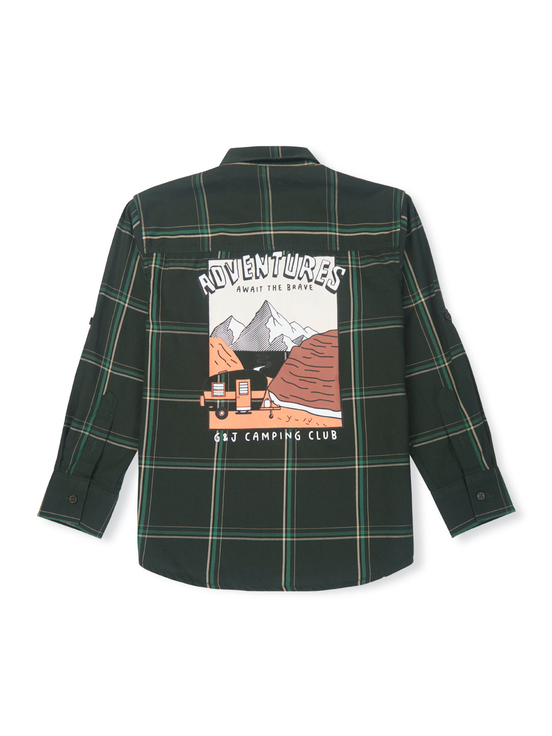 Boys green woven checkered full sleeve shirt with print