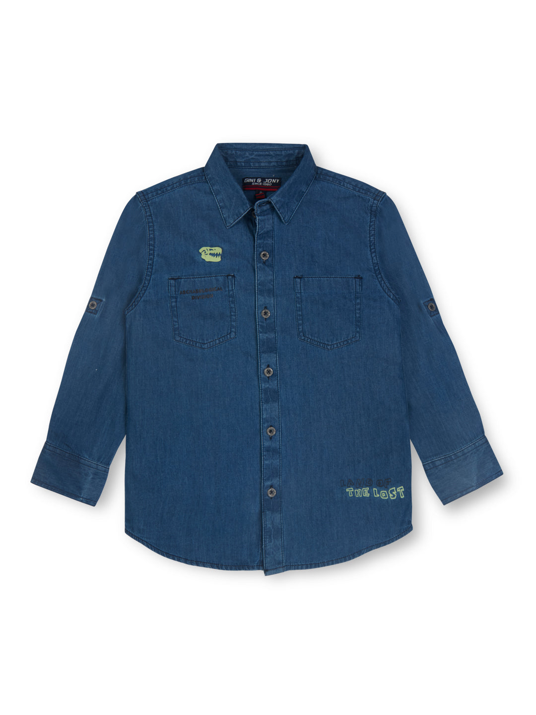 Boys blue denim full sleeve shirt with dinosaur print.