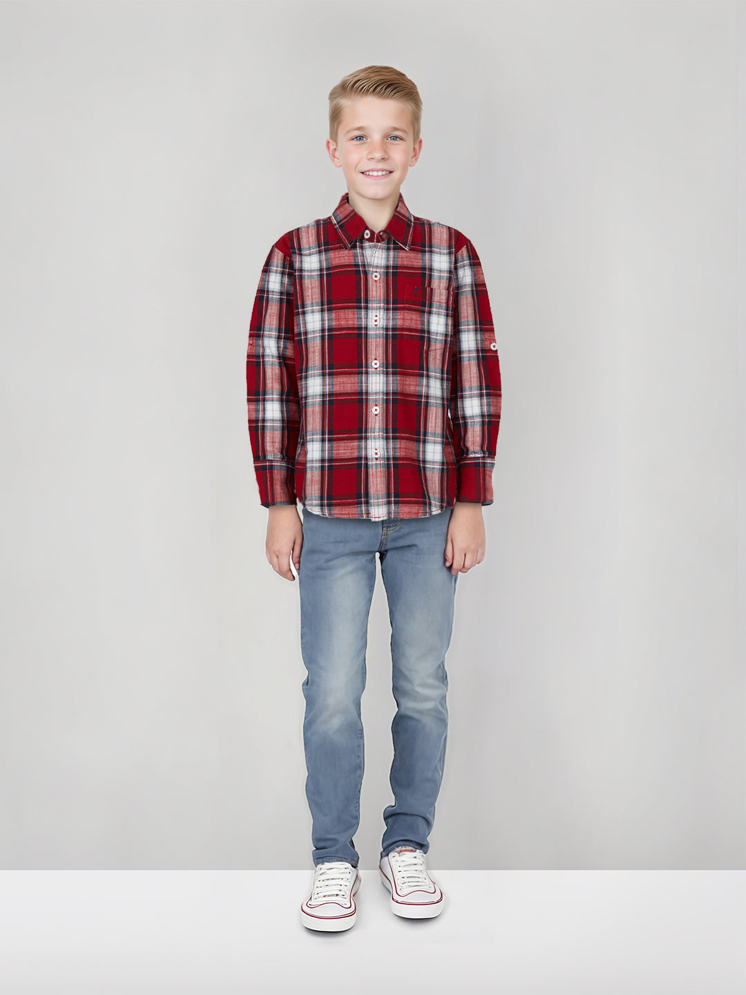 Boys Red Checks Cotton Full Sleeves Shirt