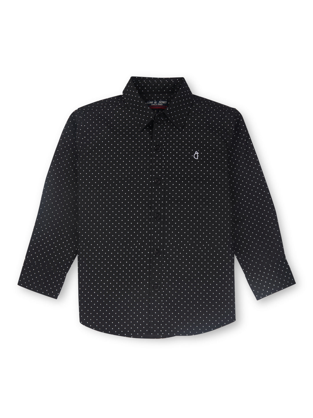 Boys black woven full sleeve polka dot print shirt