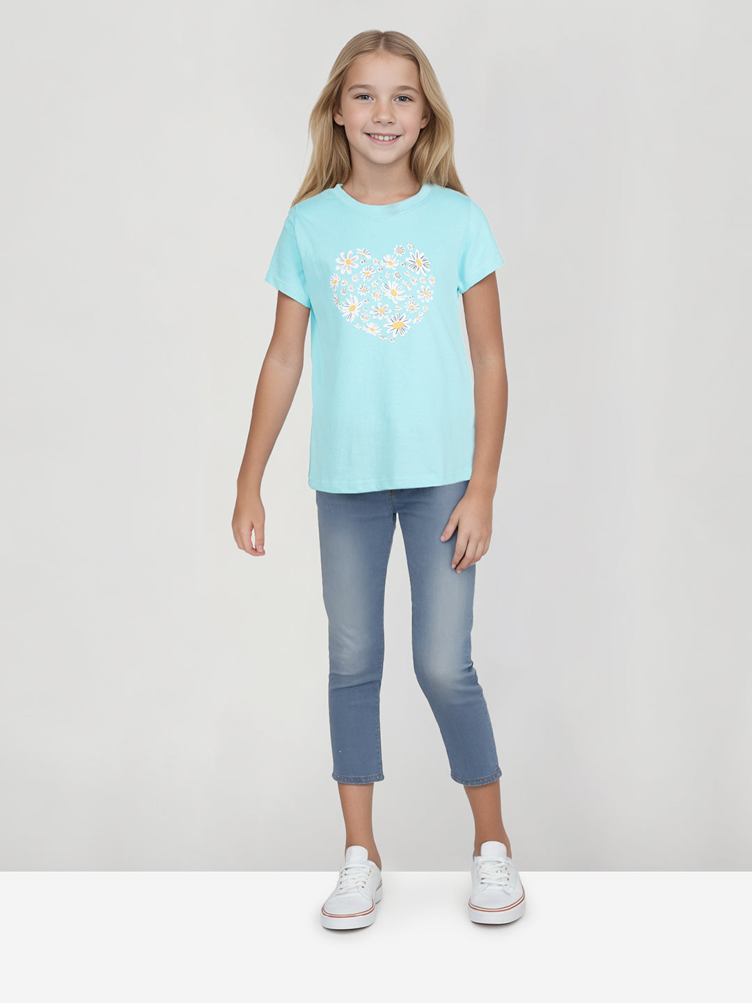 Girls Blue Printed Cotton Blend Half Sleeves Knits Top