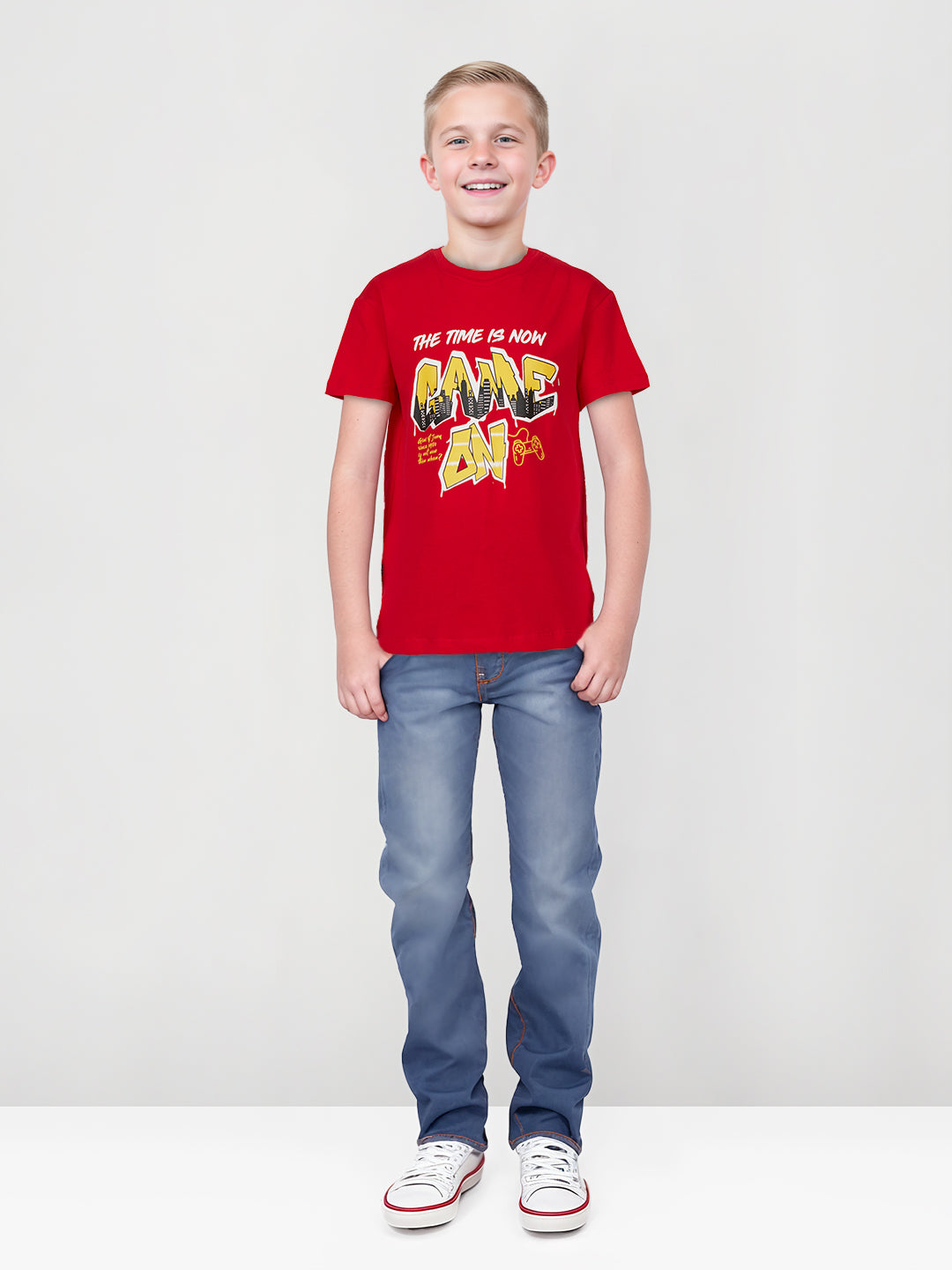 Boys Red Gamification Cotton Round Neck Half Sleeve T-Shirt