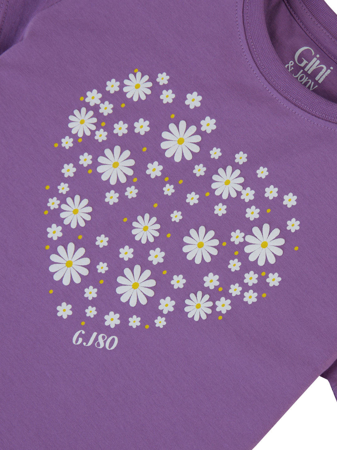 Girls Purple Cotton Floral Print Round Neck Half Sleeves Knits Top