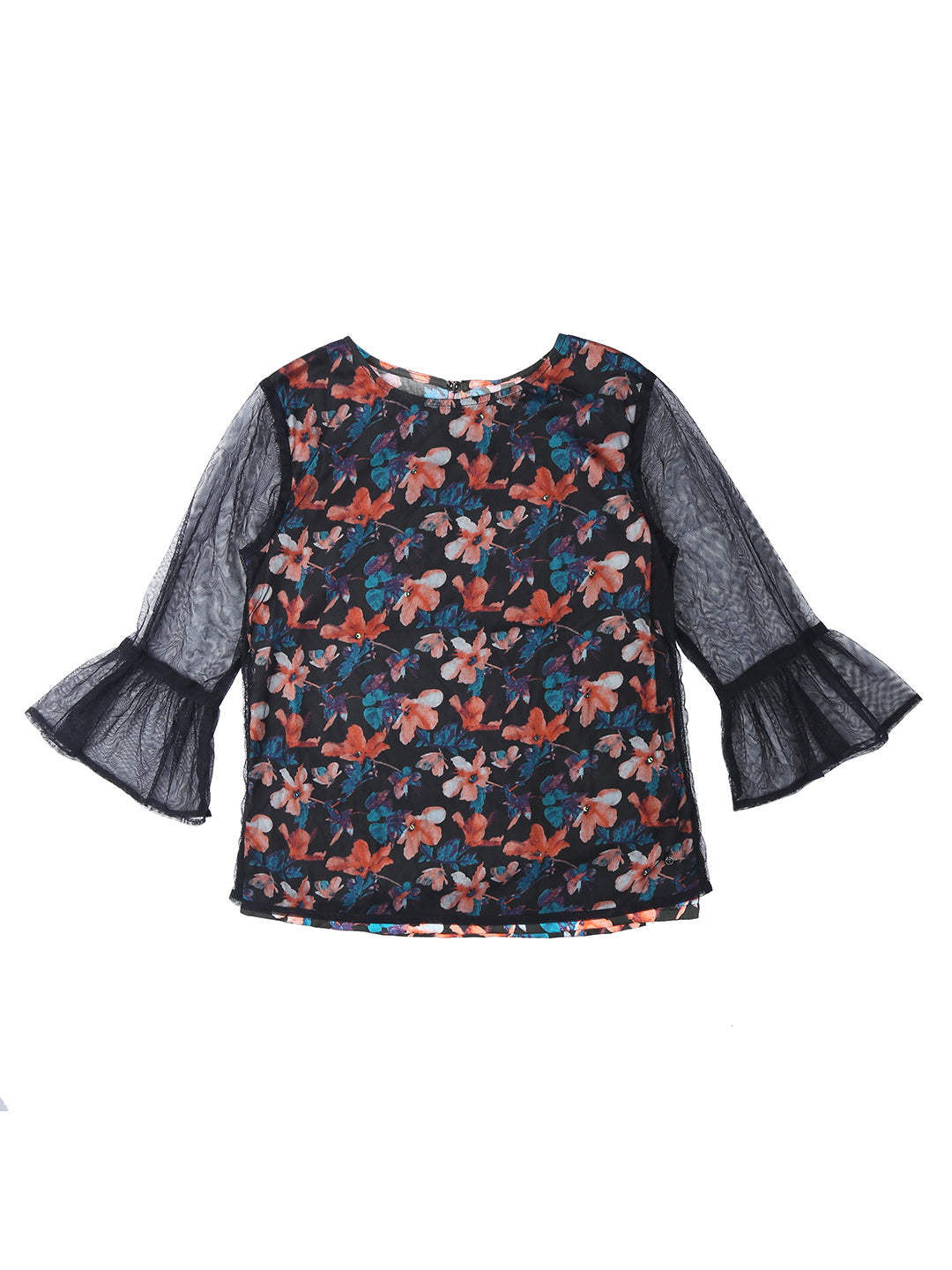 Girls Black Woven Floral Print Half Sleeves Woven Top