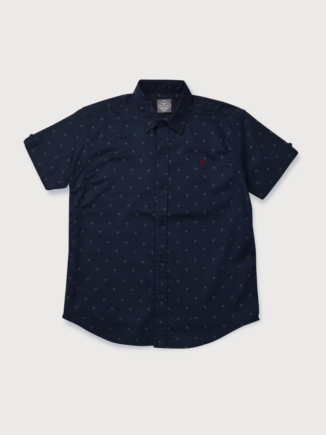 Boys Navy Blue Printed Cotton Shirt