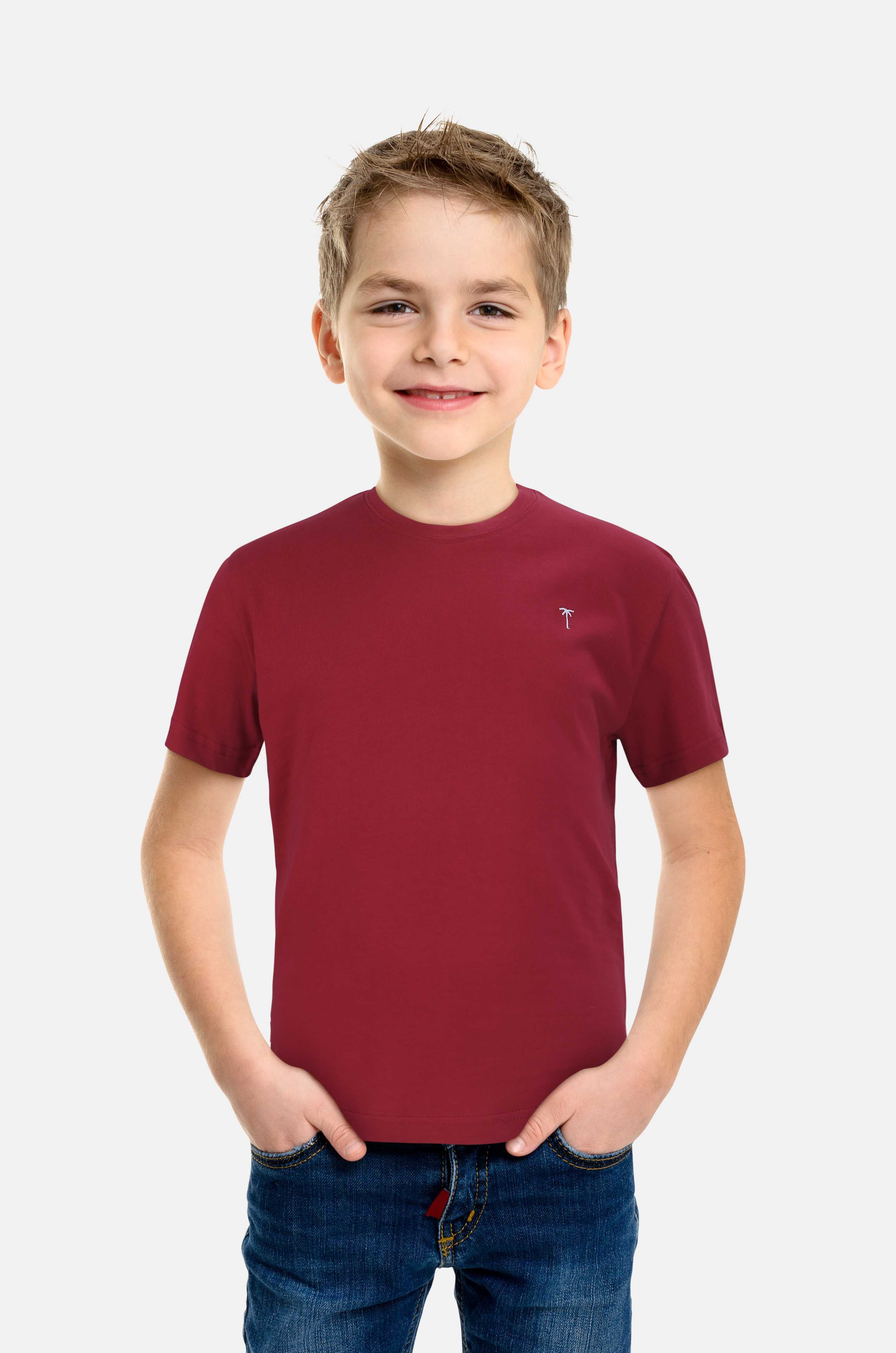 Boys Maroon Solid Cotton T-Shirt