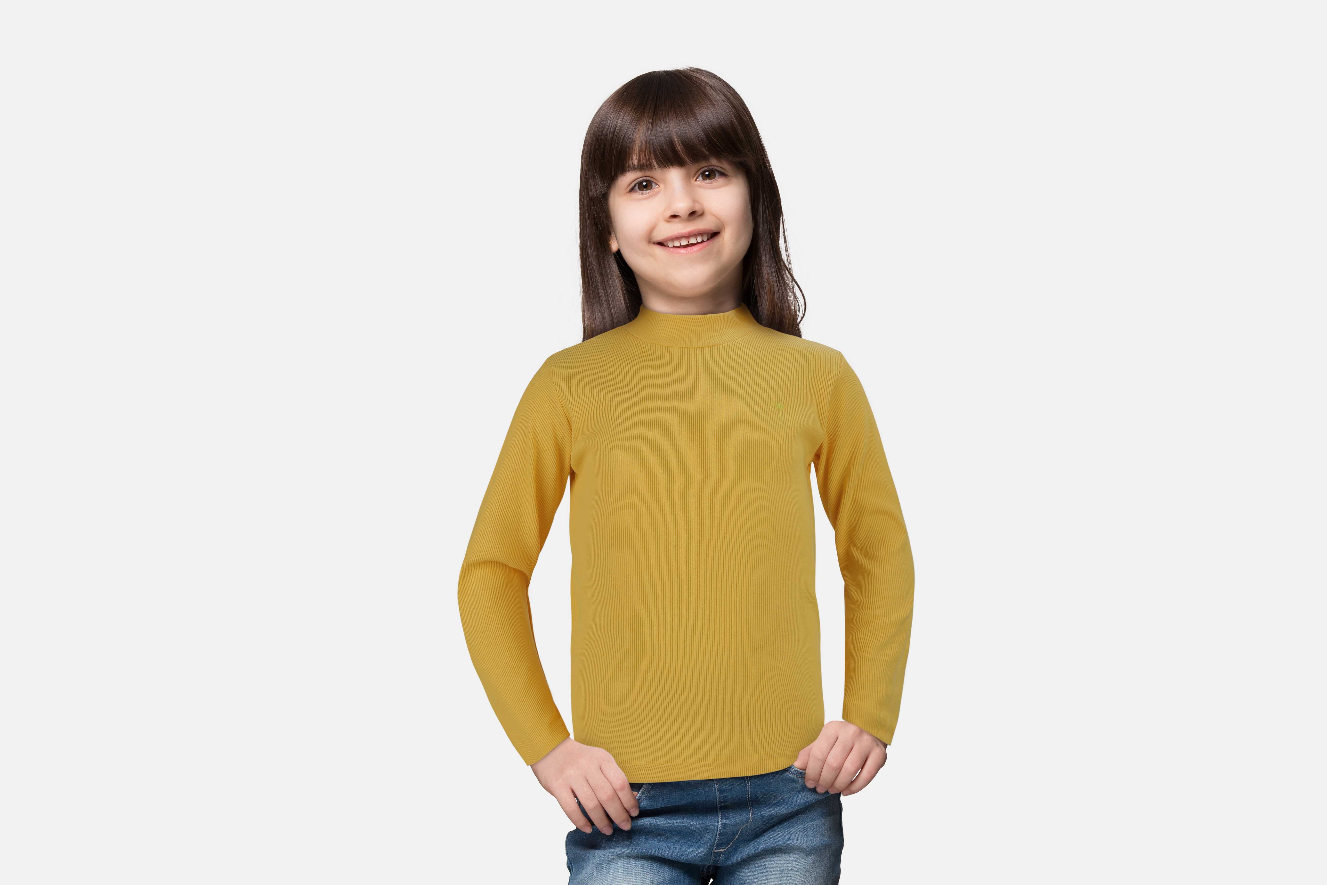 Girls Mustard Solid Cotton Skivy