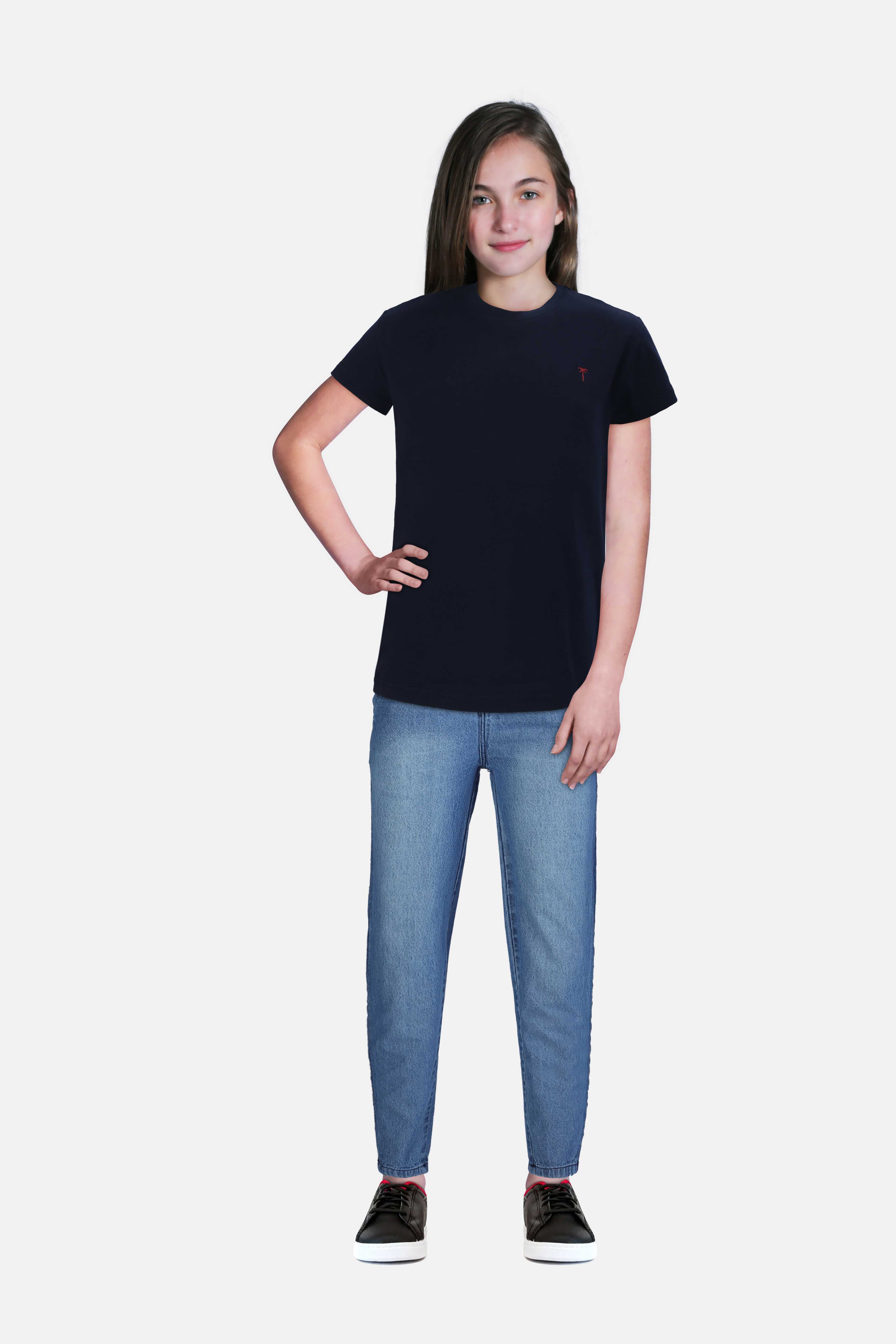 Girls Navy Blue Solid Cotton Polo T-Shirt