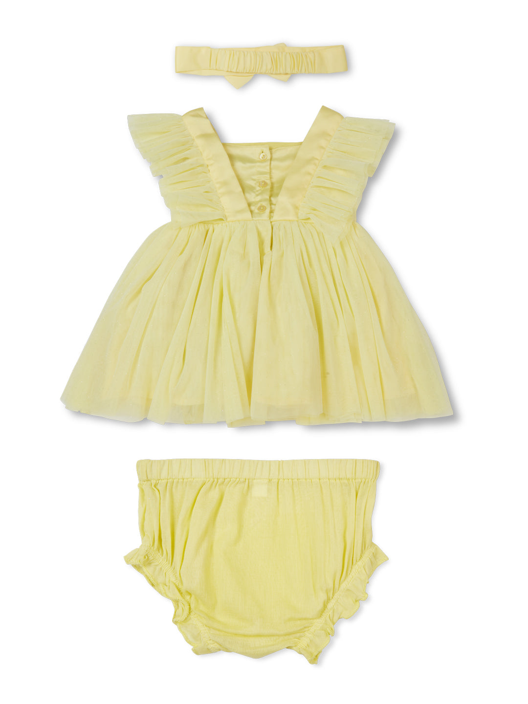Baby Girls yellow party wear dress with lining.Co-ordinated undies and hairband.
