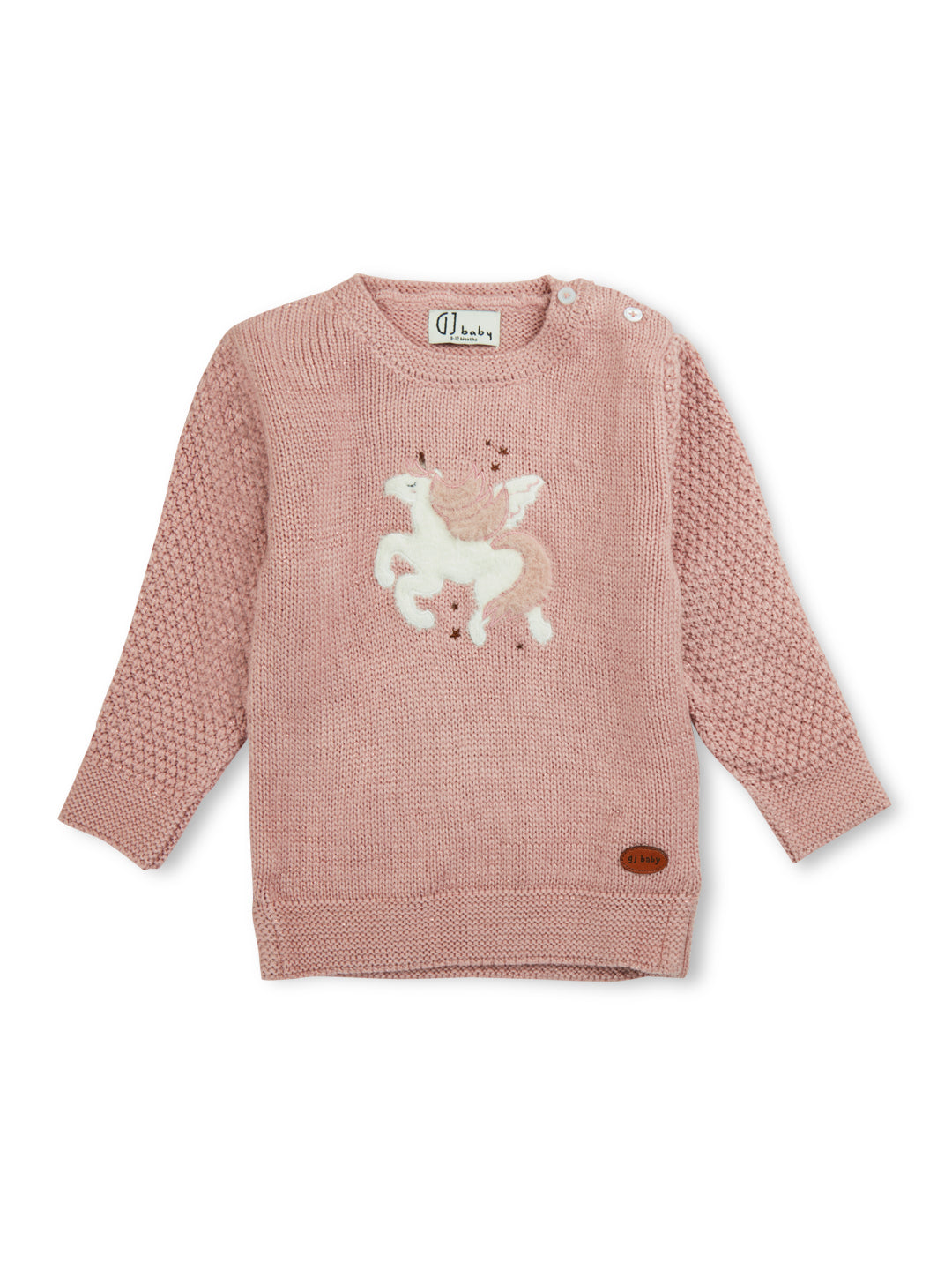 Girls Pink Applique Cotton Full Sleeves Sweater